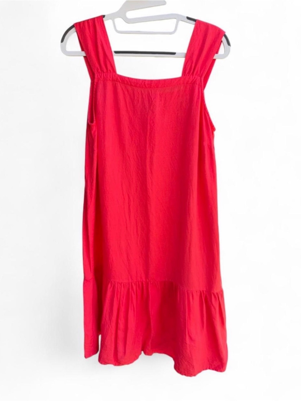 Loft Bright Coral Linen Dress with Squareneck and Ruffle Hem